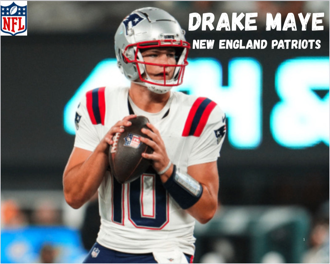 Drake Maye poster with his white uniform on